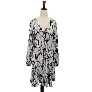 White House Black Market Abstract V Neck Dress Size 2 White Black Long Sleeves‎